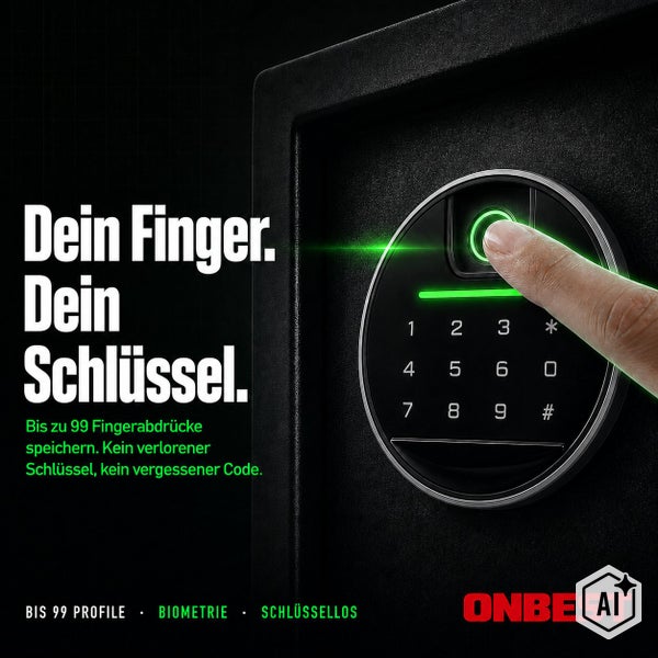 Tresor mit Fingerabdruckscanner und Zahlenfeld von Onbest mit biometrischer Zugangskontrolle für bis zu 99 Fingerabdrücke.