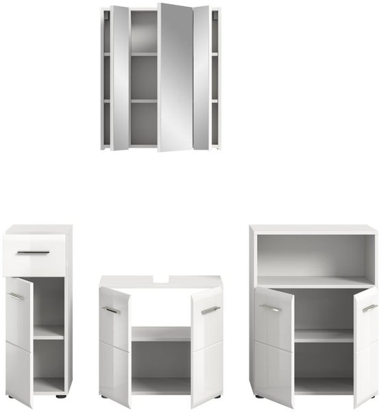 Vierteiliges Badezimmermöbel-Set in Weiß mit Spiegelschrank, Waschbeckenunterschrank und zwei Beistellschränken mit silberfarbenen Griffen.