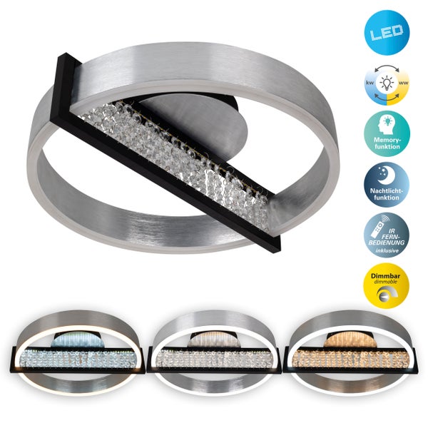 LED-Deckenleuchte mit Kristallbehang und verschiedenen Lichteinstellungen