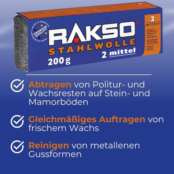 Rakso Stahlwolle 2 mittel, 200 Gramm. Zum Abtragen von Wachs auf Stein- und Marmorböden sowie zum Reinigen von Gussformen.