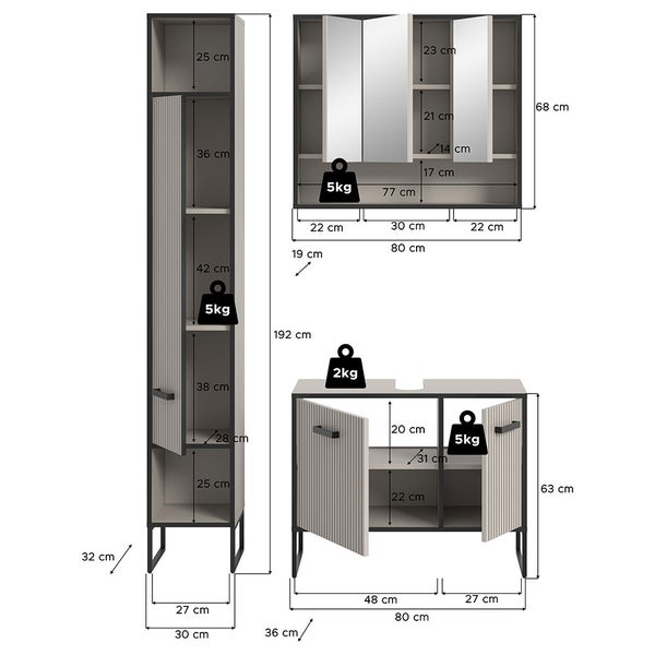 Bagno Badmöbelset 3 Teile hellgrau, cremefarben. 125 X 36 X 192 cm