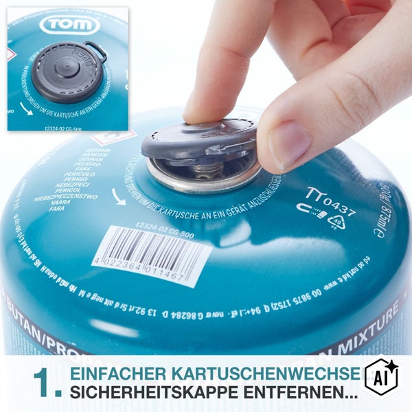Eine Hand entfernt die Sicherheitskappe von einer Butan Propan Gaskartusche für mobile Gasgeräte.
