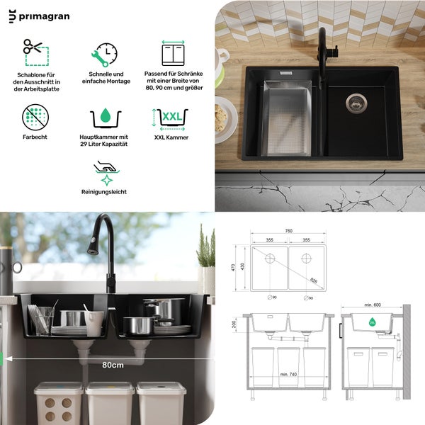 PRIMAGRAN Spülbecken Anthrazit 76x47cm, Granitspüle 2 Becken + Ablauf-Set, Küchenspüle ab 80er Unterschrank - London Slim Twin