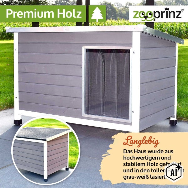 Hundehütte aus stabilem Holz mit Wetterschutzlamellen am Eingang und wasserabweisendem Dach für den Außenbereich von Zooprinz.