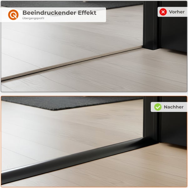 Vorher-nachher-Vergleich eines Übergangsprofils auf einem Holzboden