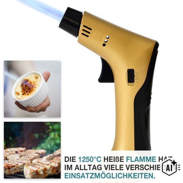 Ein Flambierbrenner mit einer 1250 Grad Celsius heißen Flamme, ideal zum Karamellisieren von Desserts oder zum Anbraten von Fleisch.