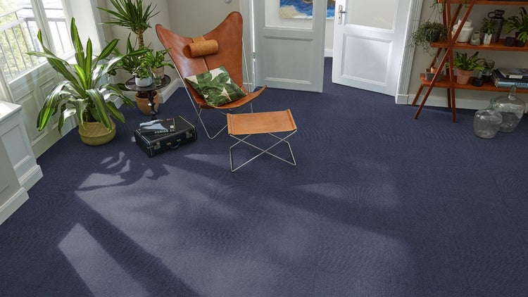 Wohnzimmer mit dunklen blauen Teppichfliesen, ledernem Butterfly-Sessel und Hocker, Zimmerpflanzen und hellem Lichteinfall.