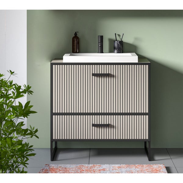 Bagno Waschbeckenunterschrank inkl. Waschbecken 1 Schublade 1 Klapptür hellgrau, cremefarben. 80 X 48 X 84 cm