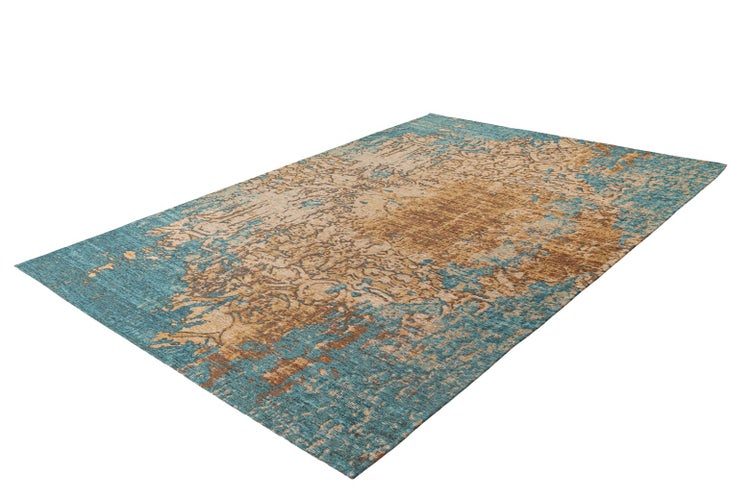 Rechteckiger Teppich mit abstraktem Vintage-Muster in Türkis, Beige und Braun.
