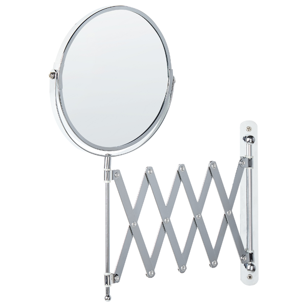 Runder Wandkosmetikspiegel mit ausziehbarem Scherengelenkarm aus Metall zur Wandmontage.