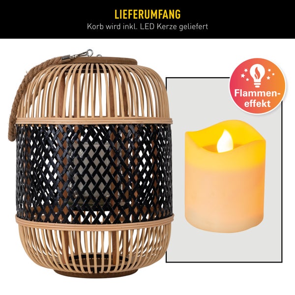 Dekorativer Korb mit LED-Kerze und Flammeneffekt.