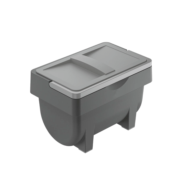 Grauer Kunststoffbehälter mit Deckel für Abfallsortiersysteme.