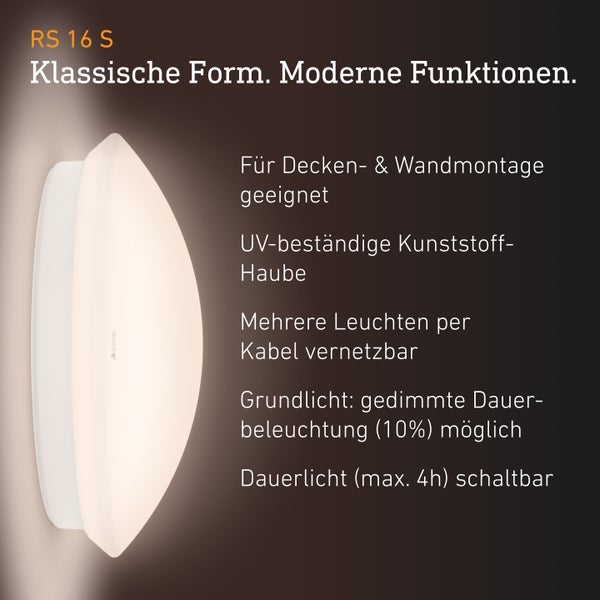 Steinel Sensor-Innenleuchte RS 16 S mit UV-beständiger Kunststoff-Haube zur Wand- und Deckenmontage mit Grundlichtfunktion und Vernetzung.