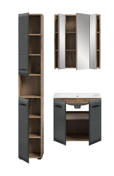 Badezimmermöbel Set bestehend aus Hochschrank, Spiegelschrank und Waschbeckenunterschrank mit Waschbecken in Eiche Optik und Anthrazit.