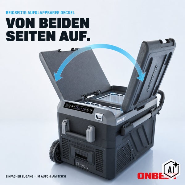 Tragbare Onbest Kühlbox mit beidseitig klappbarem Deckel, Display und Rollen für einfachen Zugriff im Auto oder beim Camping.