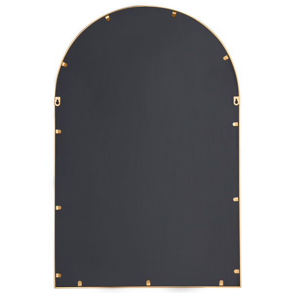 Rückseite eines Bogenspiegels mit goldenem Rahmen und Aufhängevorrichtungen