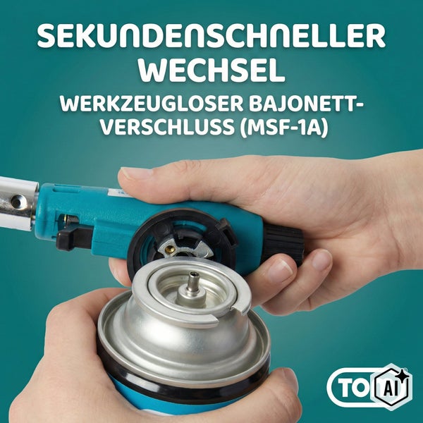 Hand zeigt den werkzeuglosen Bajonettverschluss einer Tom Gaslötlampe mit MSF 1A Anschluss für schnellen Kartuschenwechsel