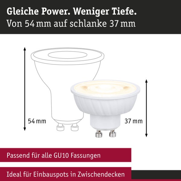 Vergleich zweier LED Leuchtmittel mit GU10 Sockel und unterschiedlichen Einbautiefen von 54 Millimeter und 37 Millimeter für Einbauspots.