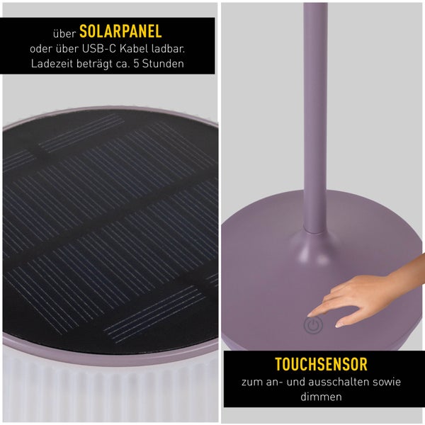 Solar-Akkutischleuchte EMMI  38 cm hoch, Schirm Ø 13 cm, Metall in Brombeer und weißer Kunststoff, für den Außenbereich, dimmbar CCT.