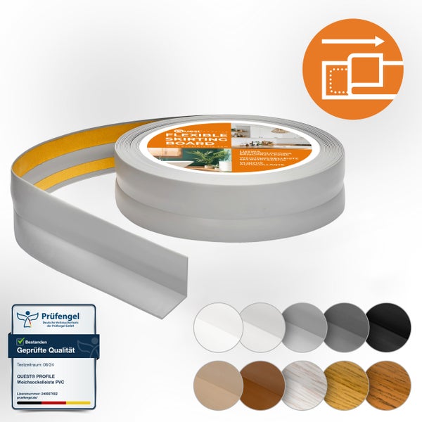 Quest Weichsockelleiste Selbstklebend 32 x 23 mm, PVC Sockelleiste, Flexibel, Grau, 10 Meter