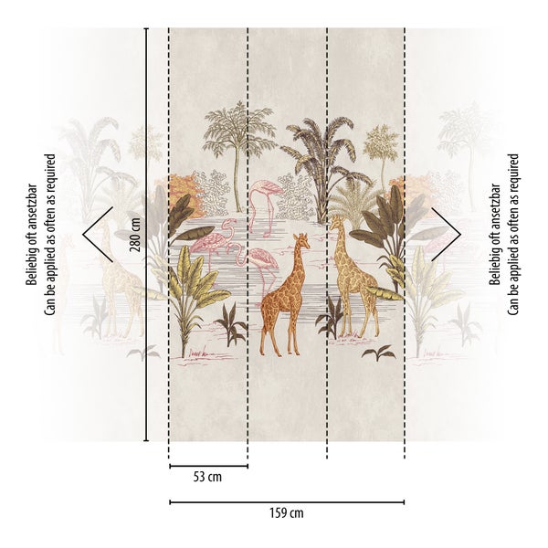Fototapete mit Safari-Motiv, Giraffen und Flamingos, Maße 280 mal 159 Zentimeter, beliebig oft ansetzbar.