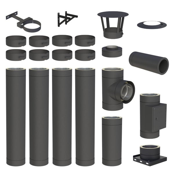 Mehrteiliges doppelwandiges Edelstahlschornstein-Set in Schwarz inklusive Rohren, T-Stücken, Wandhaltern und Klemmbändern.