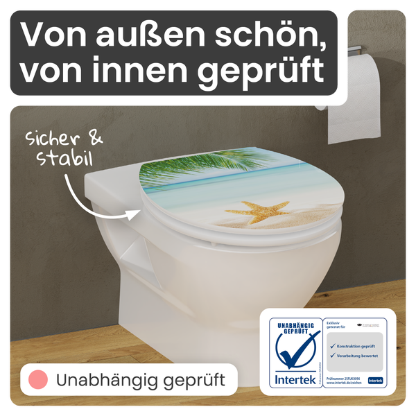 Weißes Stand-WC mit Strandmotiv-WC-Sitz und Intertek-Prüfsiegel