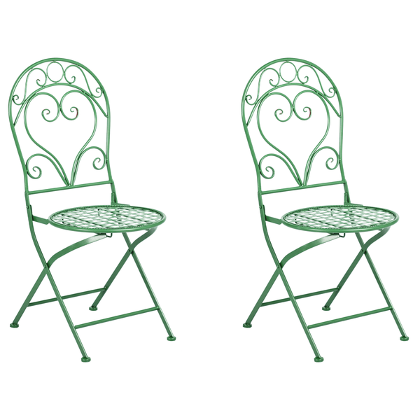 Zwei grüne, klappbare Gartenstühle aus Metall