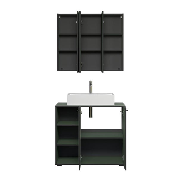 Dunkelgrünes Waschtischset mit weißem Aufsatzbecken, Waschbeckenunterschrank und passendem Spiegelschrank mit Innenfächern.