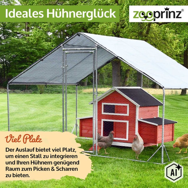 Hühnergehege mit integriertem Holzstall im Garten mit Hühnern und Zooprinz Logo