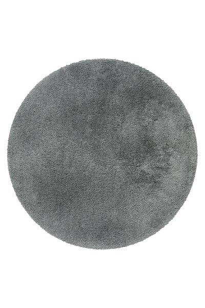Runder Hochflor-Teppich in Grau, Shaggy-Stil.