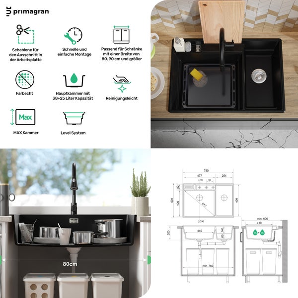 Produktinformationen zum Spülbecken von Primagran mit Details zu Ausschnittschablone, einfacher Montage, passender Schrankbreite, Farbechtheit, Hauptkammerkapazität, leichter Reinigung, maximaler Kammer und Level System sowie Maßangaben
