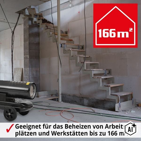 Mobiler Bauheizer zum Beheizen von Arbeitsplätzen und Werkstätten bis zu 166 Quadratmeter Fläche im Rohbau mit Treppe.