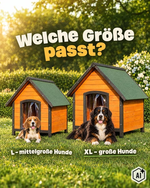 Zwei Hundehuetten aus Holz in Groesse L und XL mit Hunden auf einer Wiese zur Veranschaulichung der passenden Groesse fuer verschiedene Hunderassen.