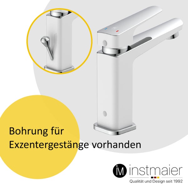 instmaier Waschtischarmatur B2 | hochwertige Mischdüse | Wasserhahn Bad mit Bohrung für Exzentergestänge | Badezimmer Armatur Weiß / Chrom | mit Zentralverschraubung | Für Lochdurchmesser von 35-50mm