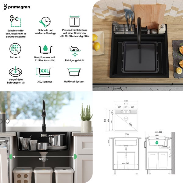 Primagran Spüle mit Zubehör und technischen Zeichnungen