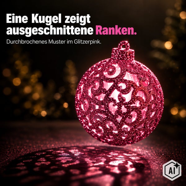 Weihnachtskugel mit durchbrochenem Rankenmuster und Glitzeroberfläche.