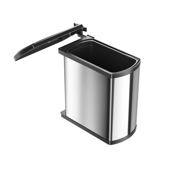 Einbau-Abfallsammler aus Edelstahl mit schwarzem Kunststoffdeckel und Schranktür-Halterung