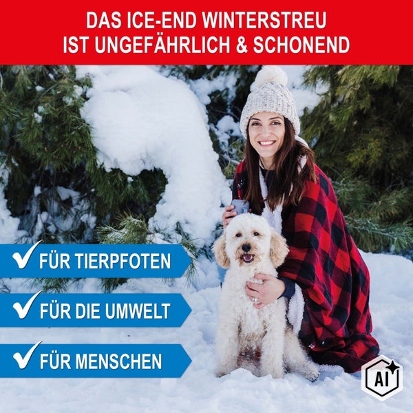 Eine Frau mit Hund im Schnee wirbt für tierfreundliches Winterstreugut Ice End.