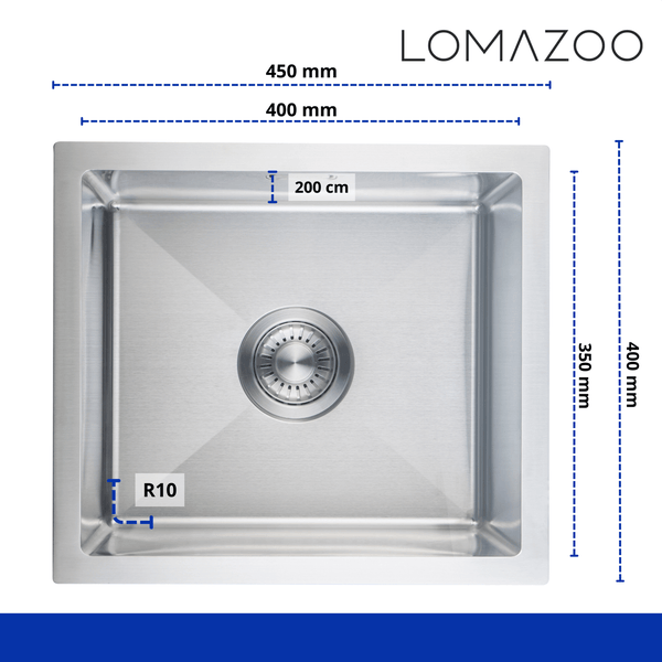 Edelstahlspüle von Lomazoo mit Maßangaben in der Draufsicht.