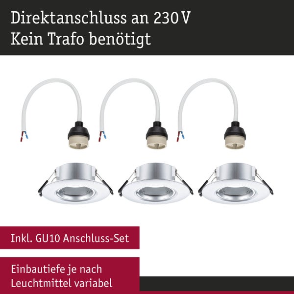 Set aus drei Einbaustrahlern mit GU10 Anschlusskabel für den Direktanschluss an 230 Volt ohne Transformator