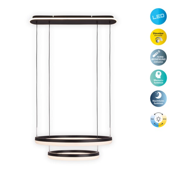 LED-CCT-Pendelleuchte CIRCULO aus schwarzem Metall und sandfarbenem Kunststoff, mit integrierter LED und vielen Funktionen, Ø 60 cm, 150 cm hoch.