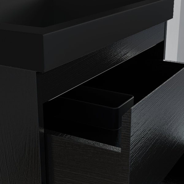 Waschbeckenunterschrank mit offener Schublade und Waschbecken, dunkle Holzmaserung, inklusive Aufbewahrungsschale.