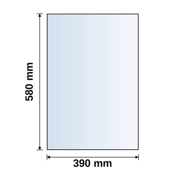 Maßzeichnung für einen Spiegel mit 580 Millimeter Höhe und 390 Millimeter Breite.