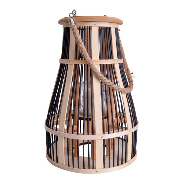 Dekorative Laterne aus Holz und Bambus mit Glaseinsatz und Seilgriff