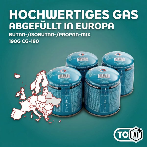 Vier Gaskartuschen Typ CG 190 mit Butan Isobutan Propan Gemisch. Hochwertiges Gas, abgefüllt in Europa, von der Marke TOM Logo.