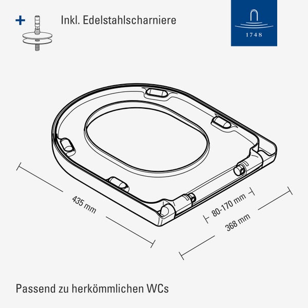 Technische Zeichnung eines WC-Sitzes mit Maßangaben von 435 mal 368 Millimetern und Edelstahl-Scharnieren.