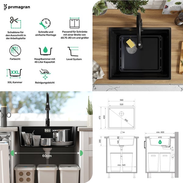 PRIMAGRAN Spülbecken Alles Schwarz 56x47cm, Granitspüle 1 Becken + Ablauf-Set + Aufrollbare Abtropffläche, Küchenspüle ab 60er Unterschrank - Praga Slim