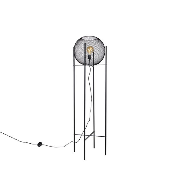 QAZQA - Moderne Stehlampe schwarz - Mesh Ball I Wohnzimmer I Schlafzimmer - Stahl Länglich - LED geeignet E27