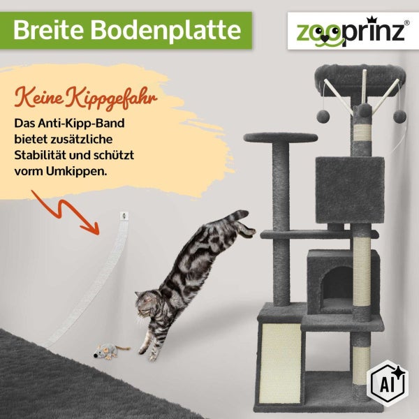 Zooprinz Kratzbaum mit breiter Bodenplatte und Anti-Kipp-Band zur Wandbefestigung für zusätzliche Stabilität beim Spielen und Springen der Katze.